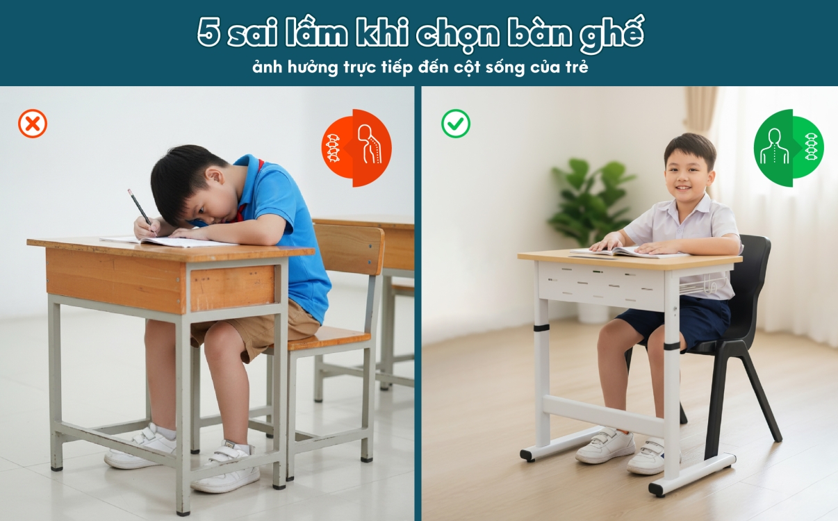 5 sai lầm khi chọn bàn ghế học sinh ảnh hưởng trực tiếp đến cột sống và tương lai của trẻ