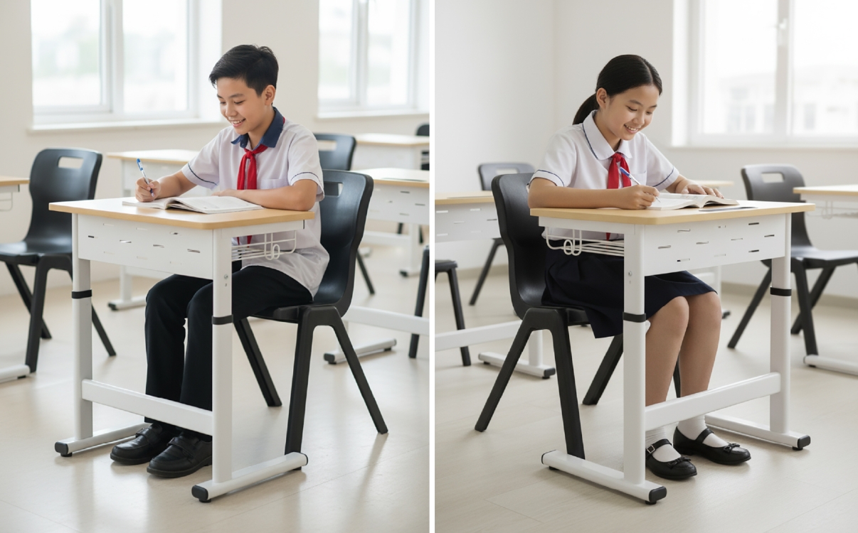 Correct sitting posture with an adjustable desk helps reduce back pain in students