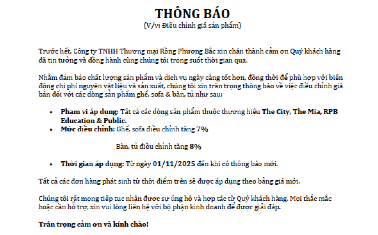 THÔNG BÁO ĐIỀU CHỈNH GIÁ BÁN SẢN PHẨM