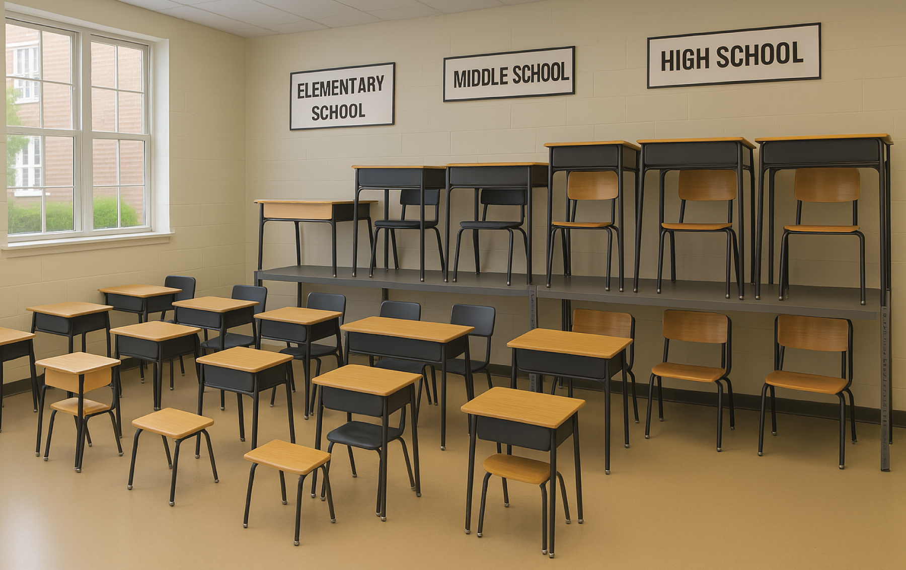 Invest in a variety of desks and chairs of different sizes for grades 1, 2, and 3.
