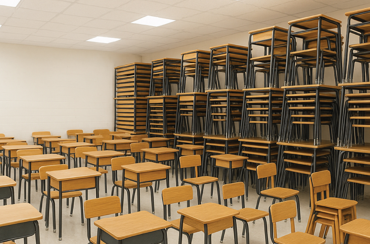 Wastes storage space for desks and chairs of multiple grade levels.