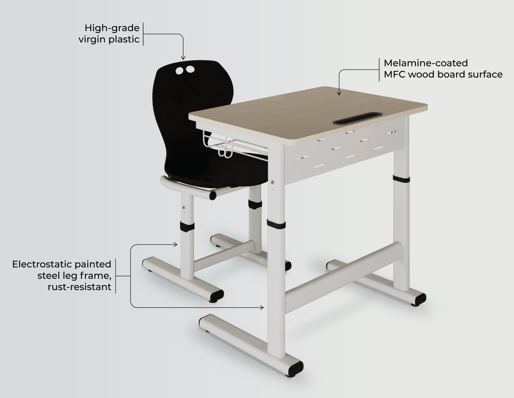 Smart Zico Adjustable Desk and Moto Chair with rounded edges, safe for students’ health.