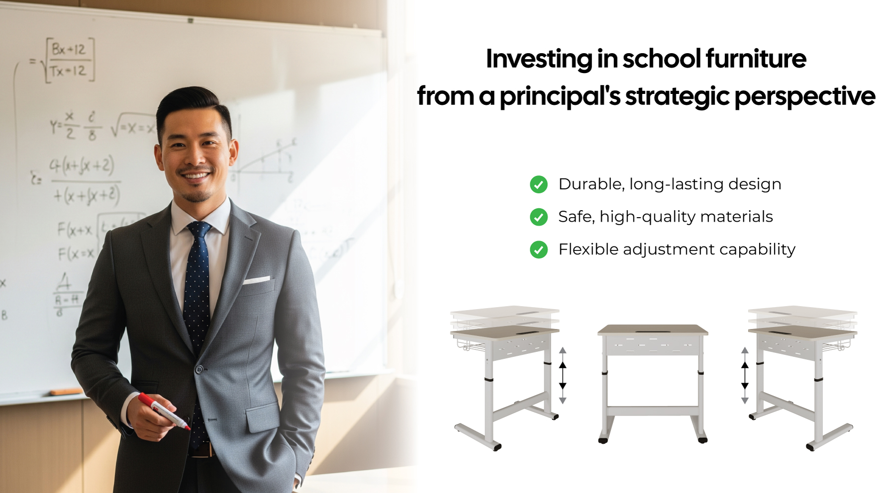 Compared to traditional plastic or wooden desks, adjustable desks offer superior usability, safety, and teaching efficiency. 