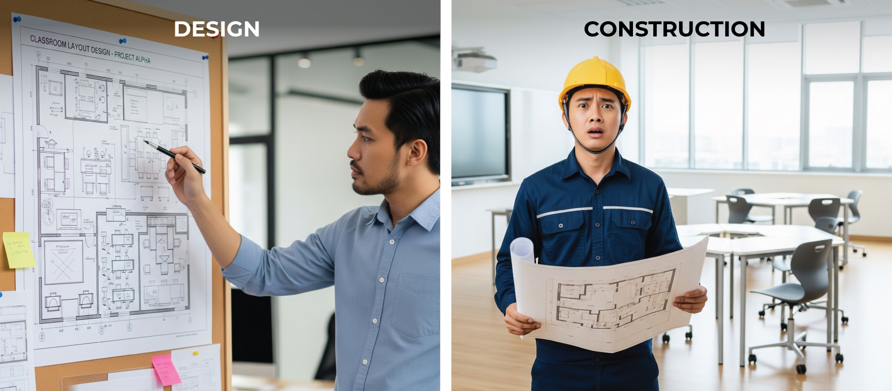Lack of synchronization between design and actual construction.