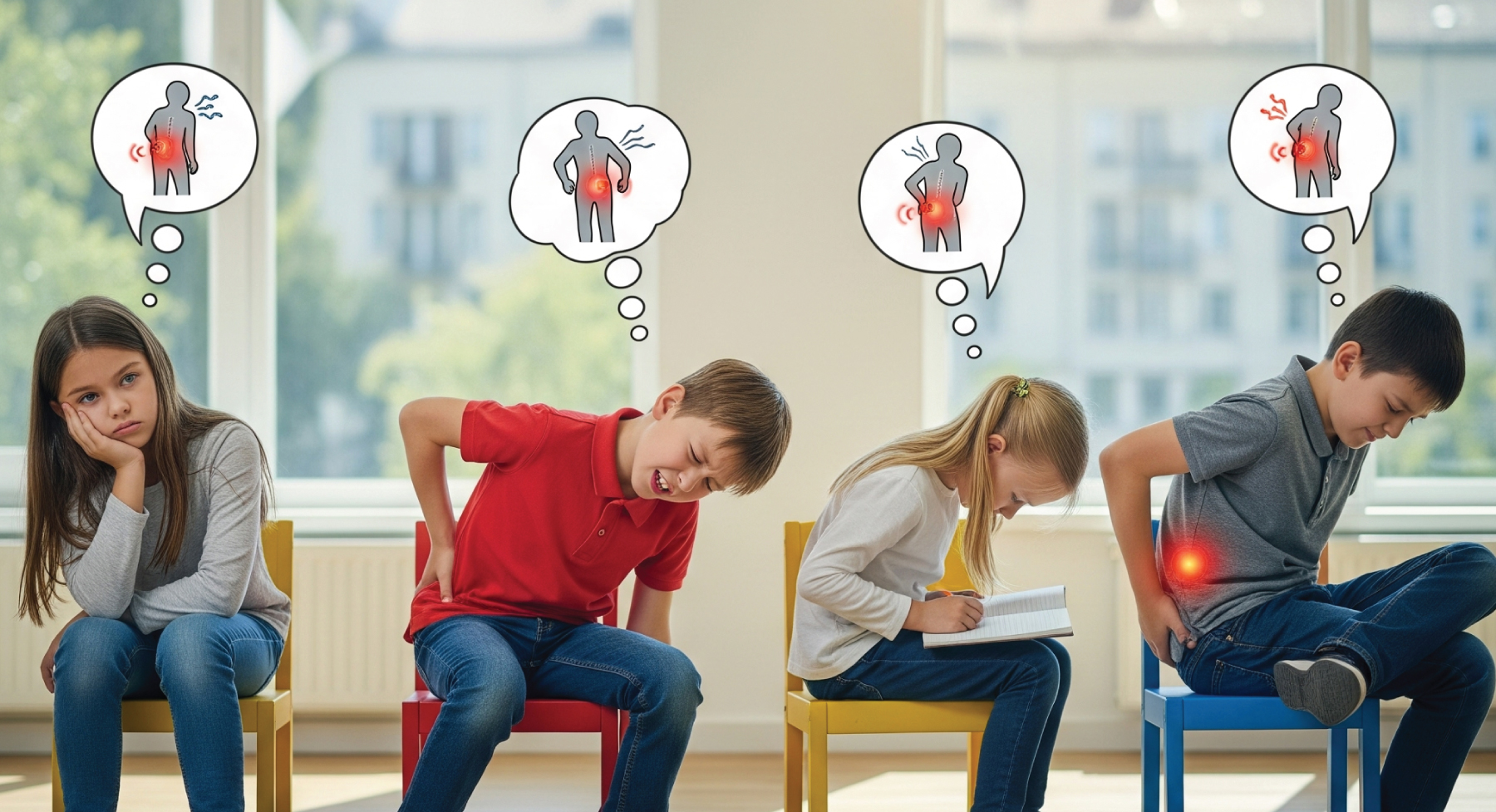 An unsuitable desk and chair can cause children to suffer from shoulder, back, and neck pain after long study hours. 