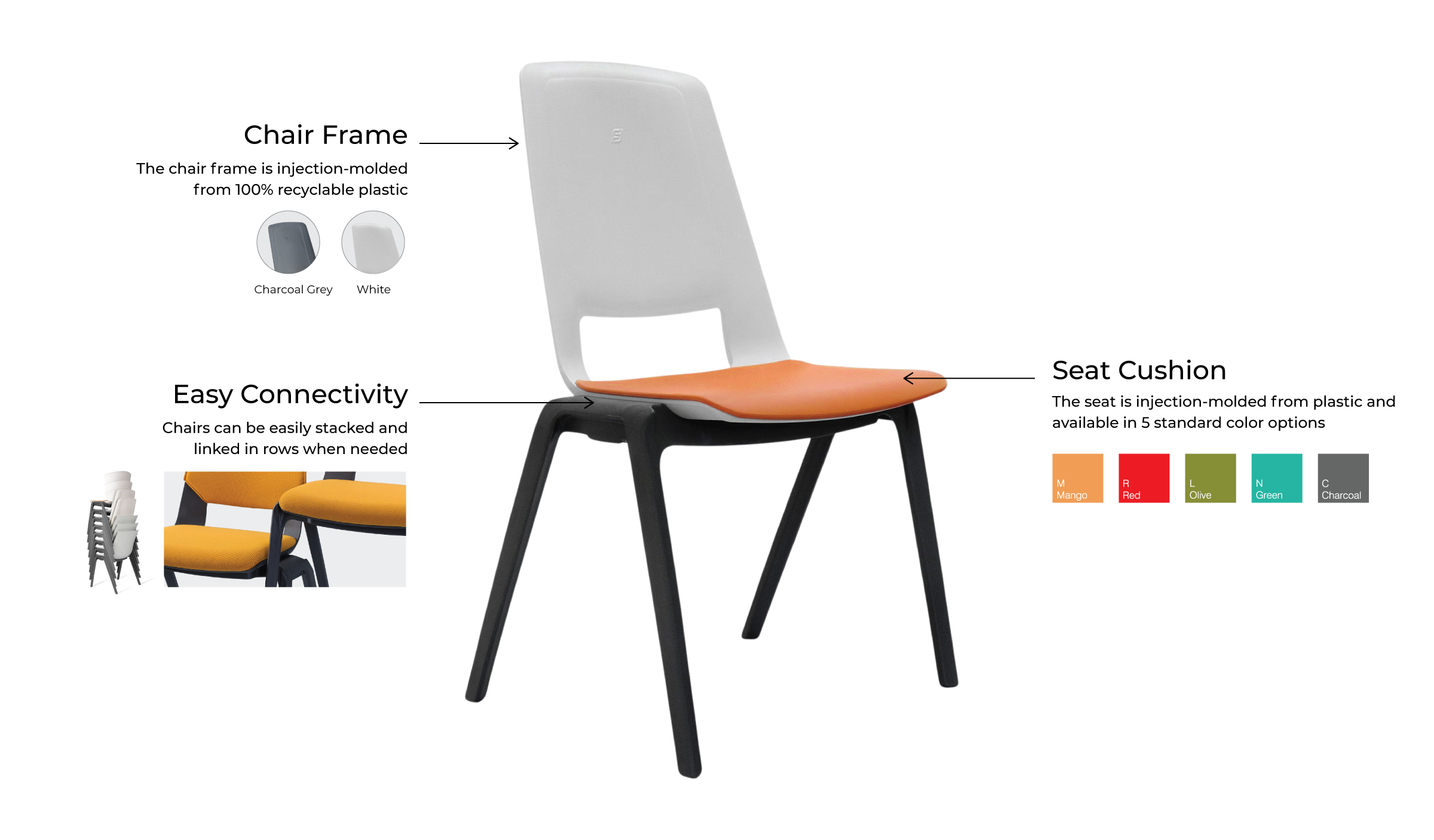 The Fila 03 auditorium chair a lightweight, durable, and 100% recyclable material.