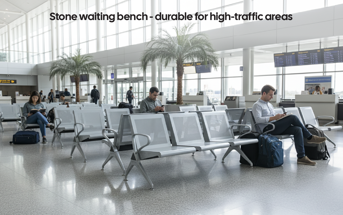 Stone bench – sturdy, durable, and breathable for crowded spaces.
