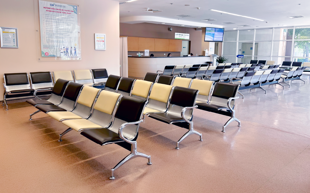 A hospital waiting area with standard, sturdy, and safe benches provides comfort and reassurance to patients during their waiting time.