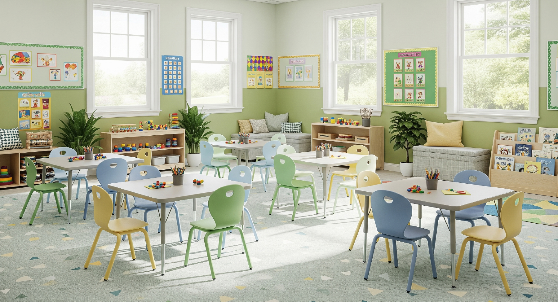 Student desks and chairs with rounded details are essential, ensuring safety for young children.
