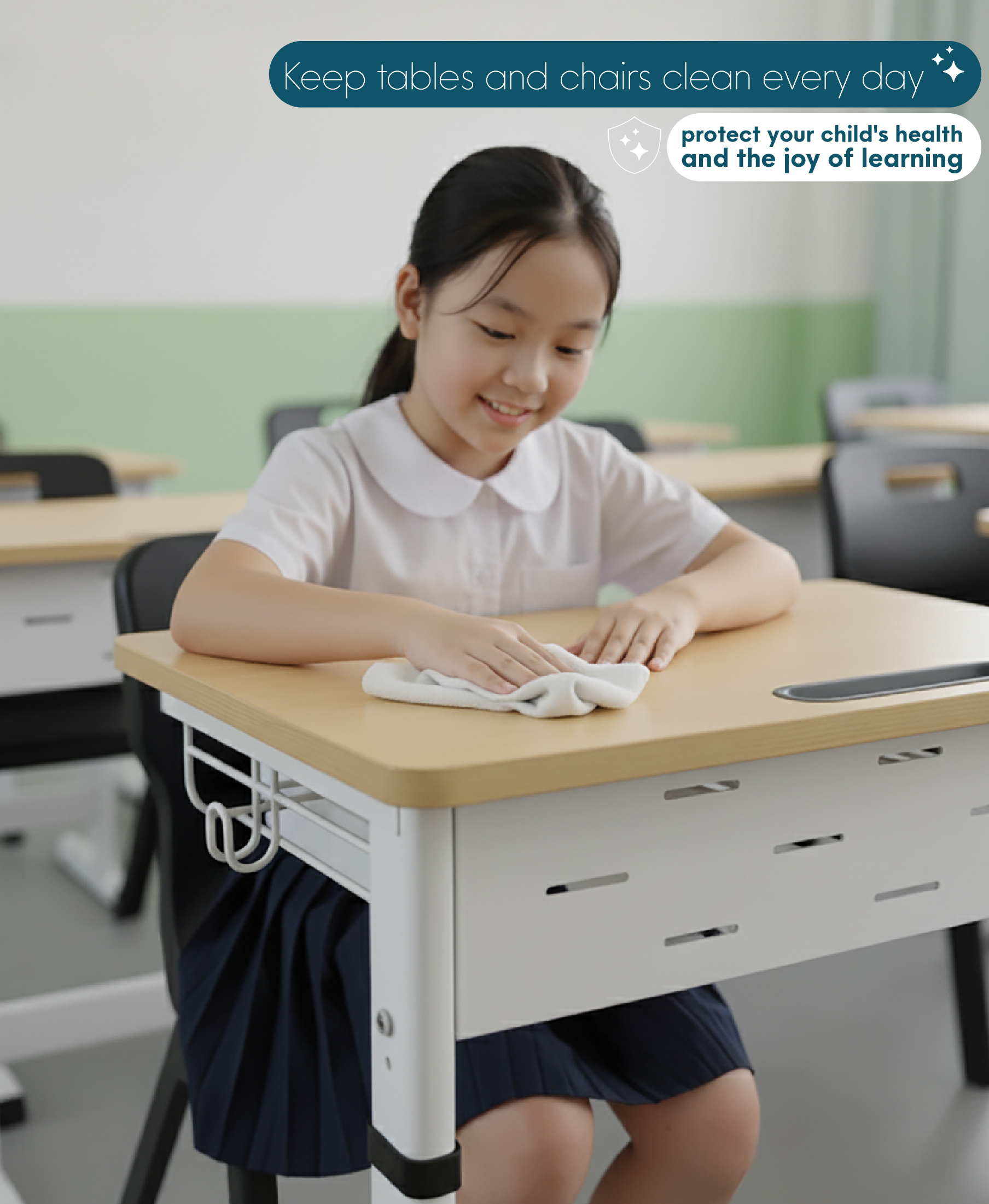 Keeping school desks and chairs clean every day helps maintain their durability and protects students’ health.