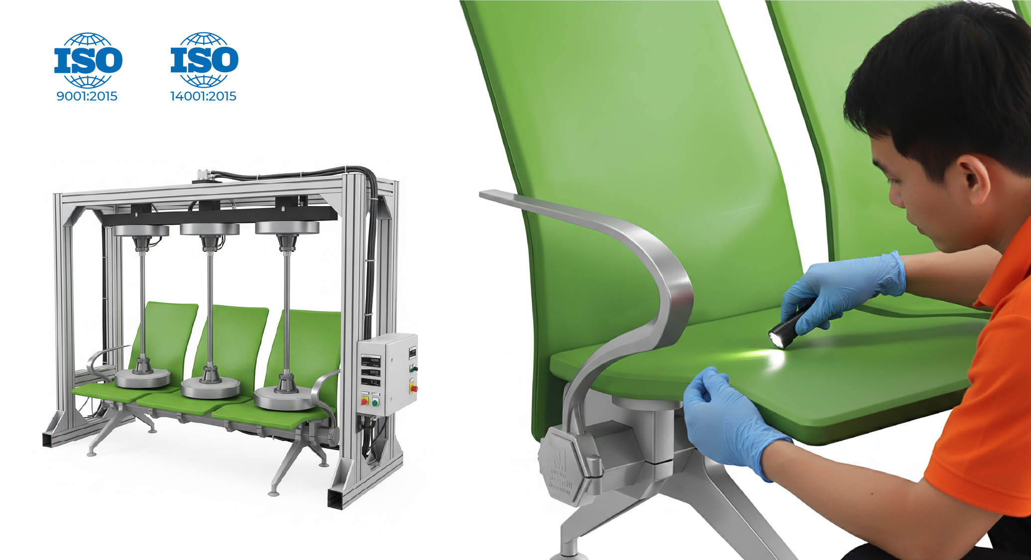 The image illustrates the rigorous quality testing process for RPB waiting benches certified with ISO 9001:2015 and ISO 14001:2015 — an engineer carefully inspects the green PU surface beside an advanced load-testing machine, representing precision, reliability, and international quality commitment.