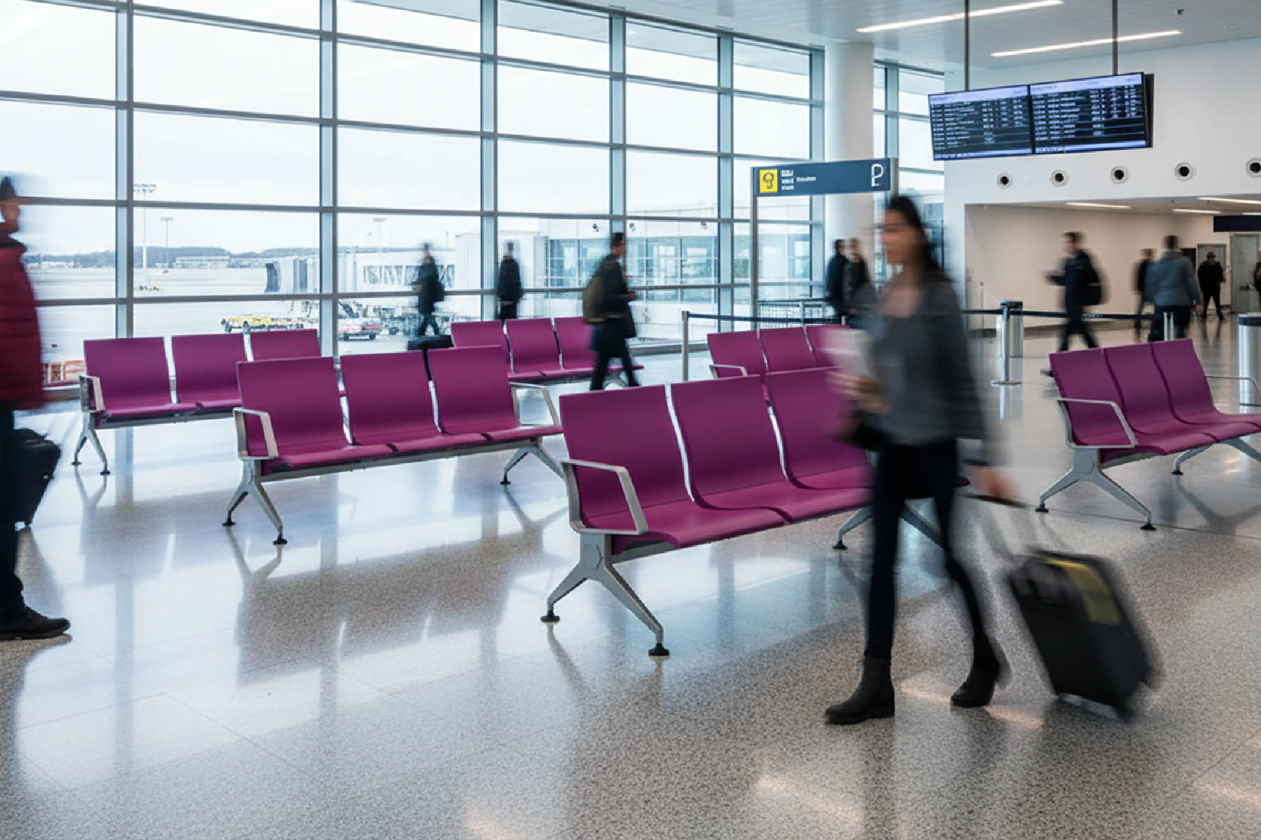 Rows of purple waiting chairs with sleek aluminum frames, showcasing a sturdy, modern design in a spacious airport lounge.