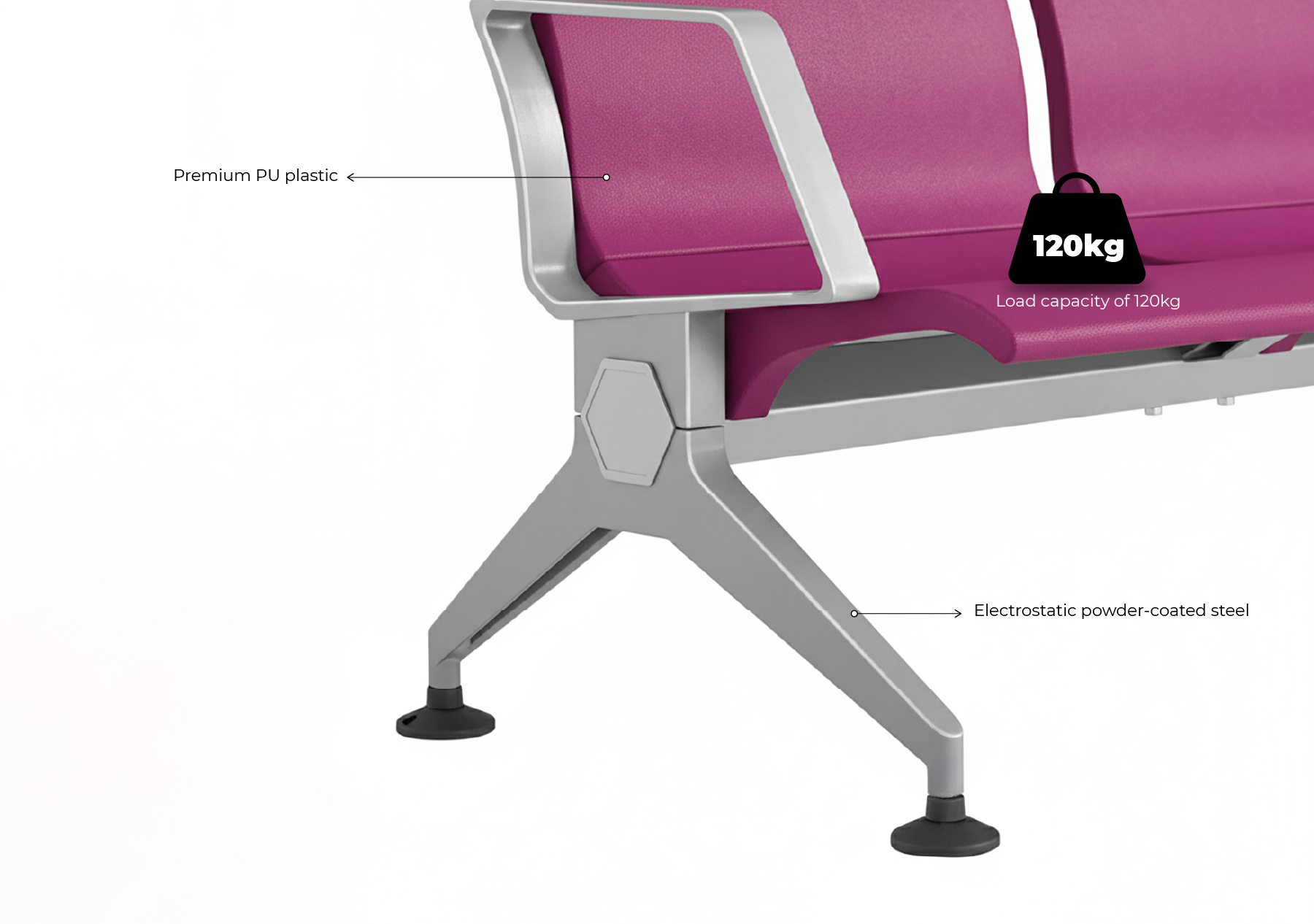 Close-up of a powder-coated steel frame combined with premium PU material, illustrating a load capacity of 120 kg and exceptional durability.