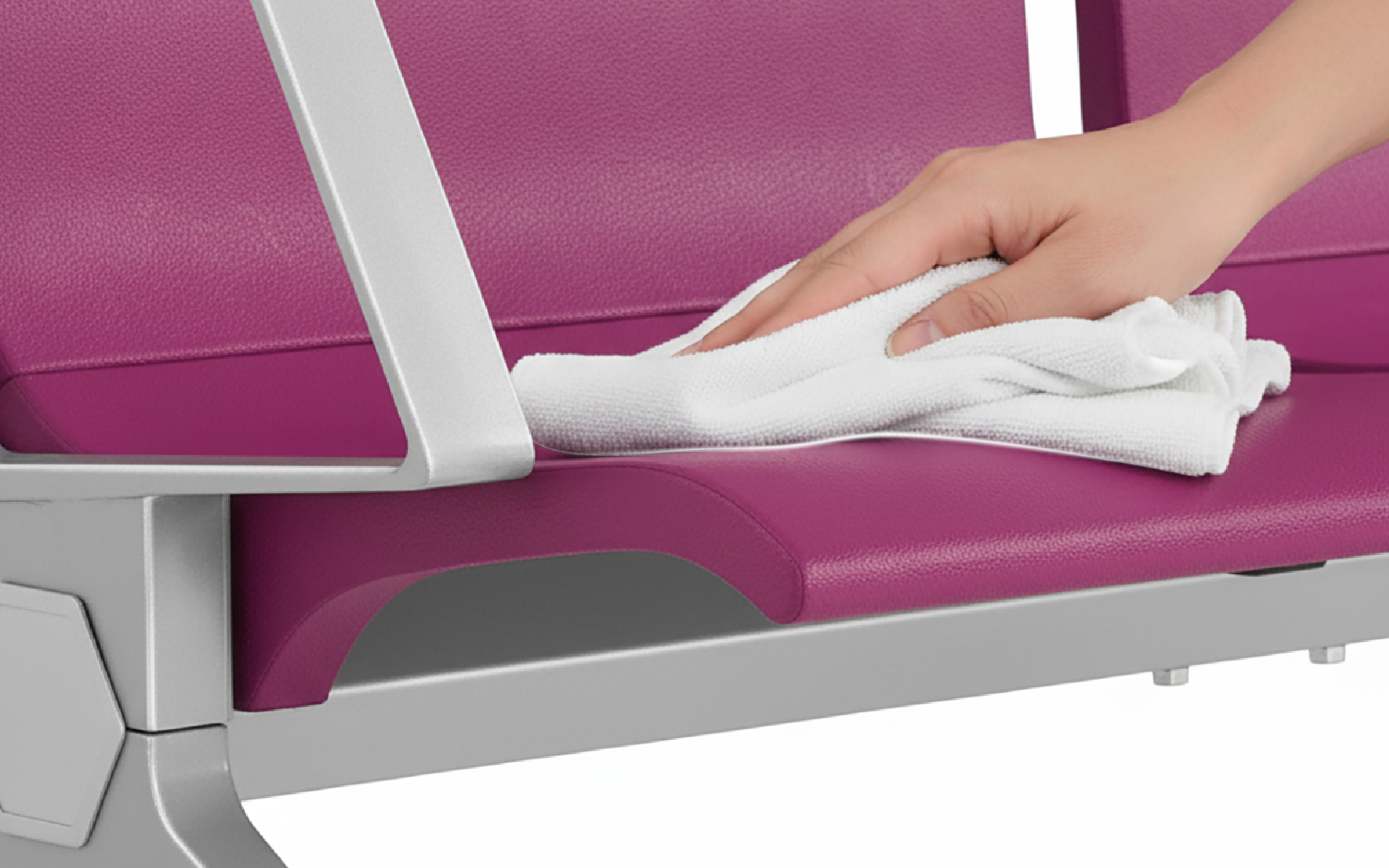 A hand gently wiping the seat surface with a white cloth — demonstrating the chair’s smooth, easy-to-clean, dust- and moisture-resistant finish.