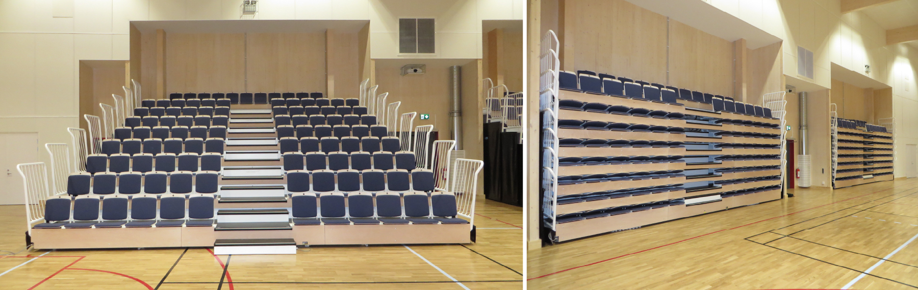 RPB Education & Public's telescopic seating, with a sturdy Q235 powder-coated steel structure and high-load-bearing PU wheels, easily “transforms” in 30 minutes from a sports floor to a 100-seat auditorium, offering a flexible, safe, and aesthetic solution for all event spaces.