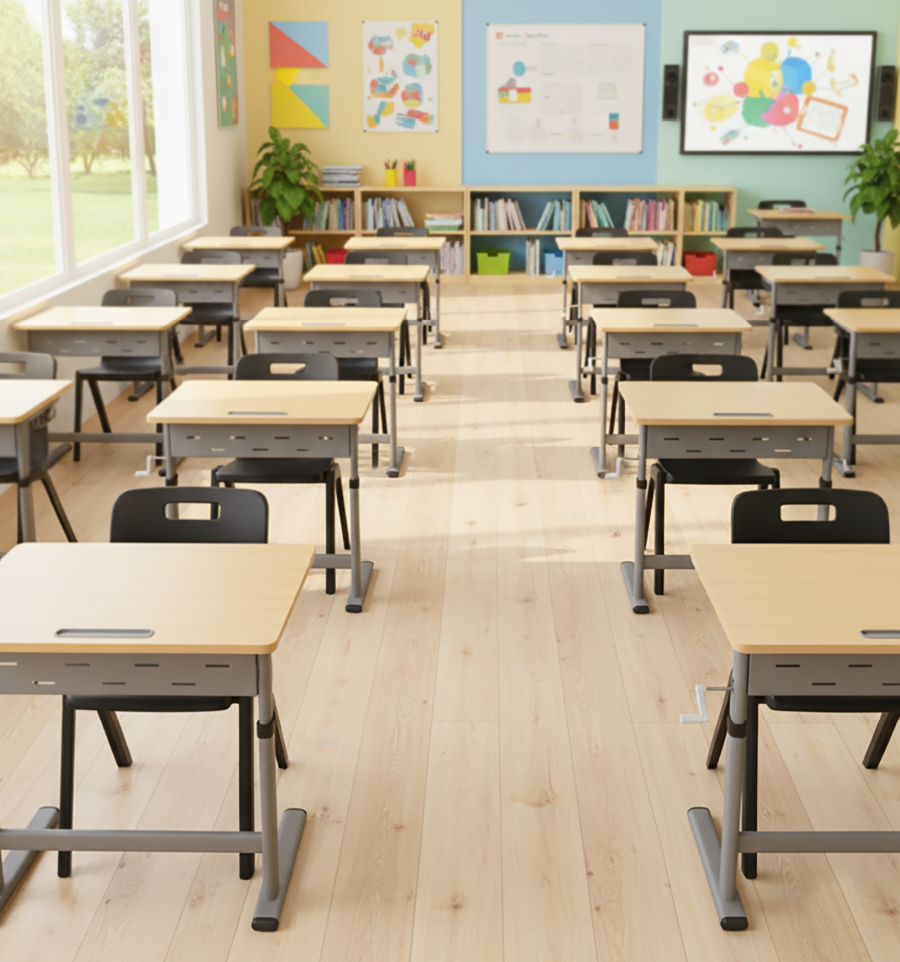 Students sitting with proper posture at Smart Zico height-adjustable desks in a bright, well-organized classroom — showcasing comfort, focus, and harmony in a modern learning environment.