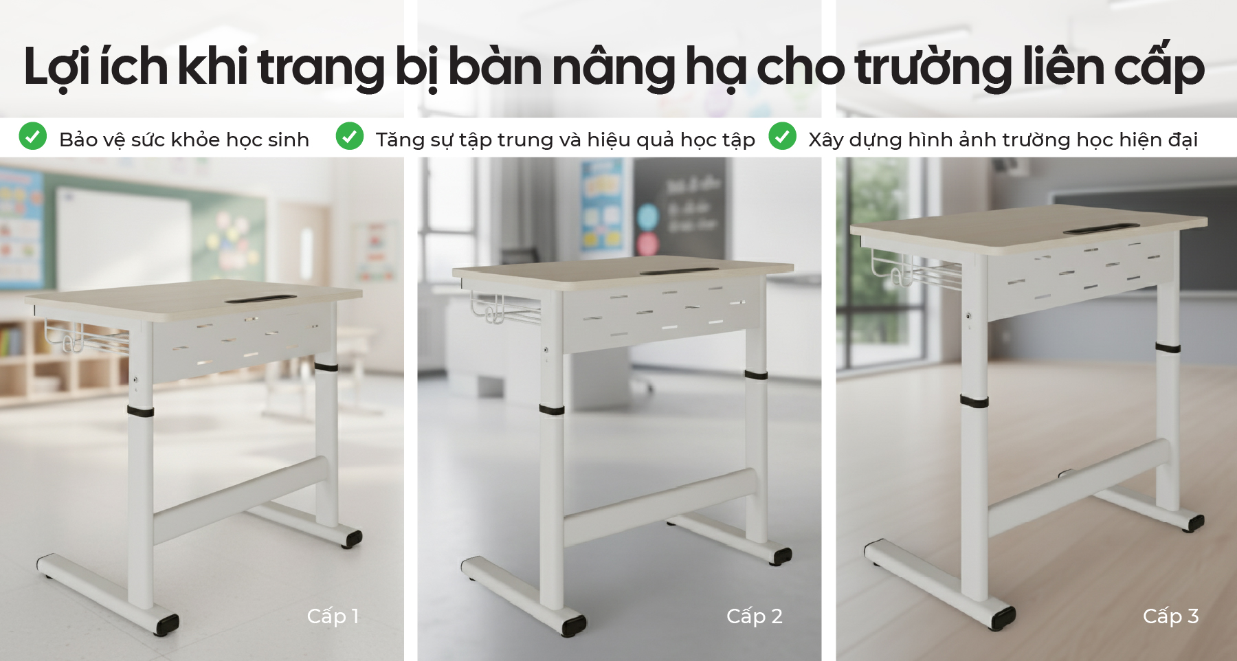  Học sinh từ tiểu học đến trung học ngồi học trên bàn nâng hạ Smart Zico trong lớp học hiện đại, thể hiện sự linh hoạt, an toàn và đồng bộ của sản phẩm.