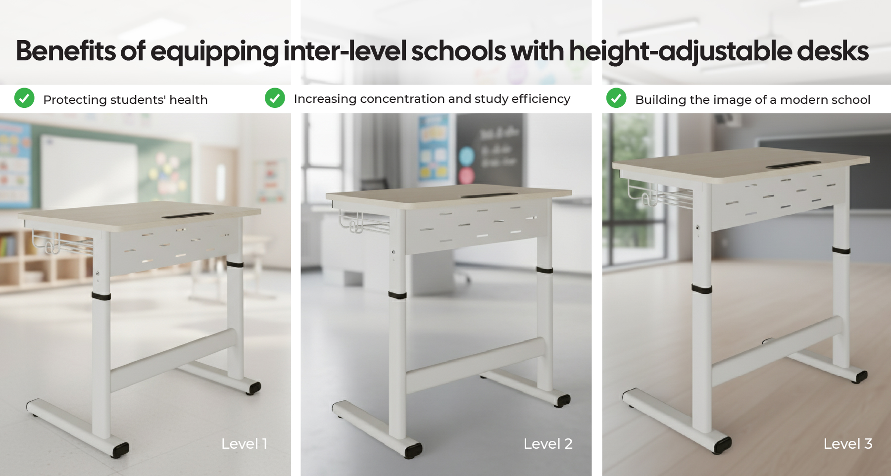 Students from primary to high school studying at Smart Zico adjustable desks in a modern classroom, demonstrating flexibility, safety, and uniformity in design.