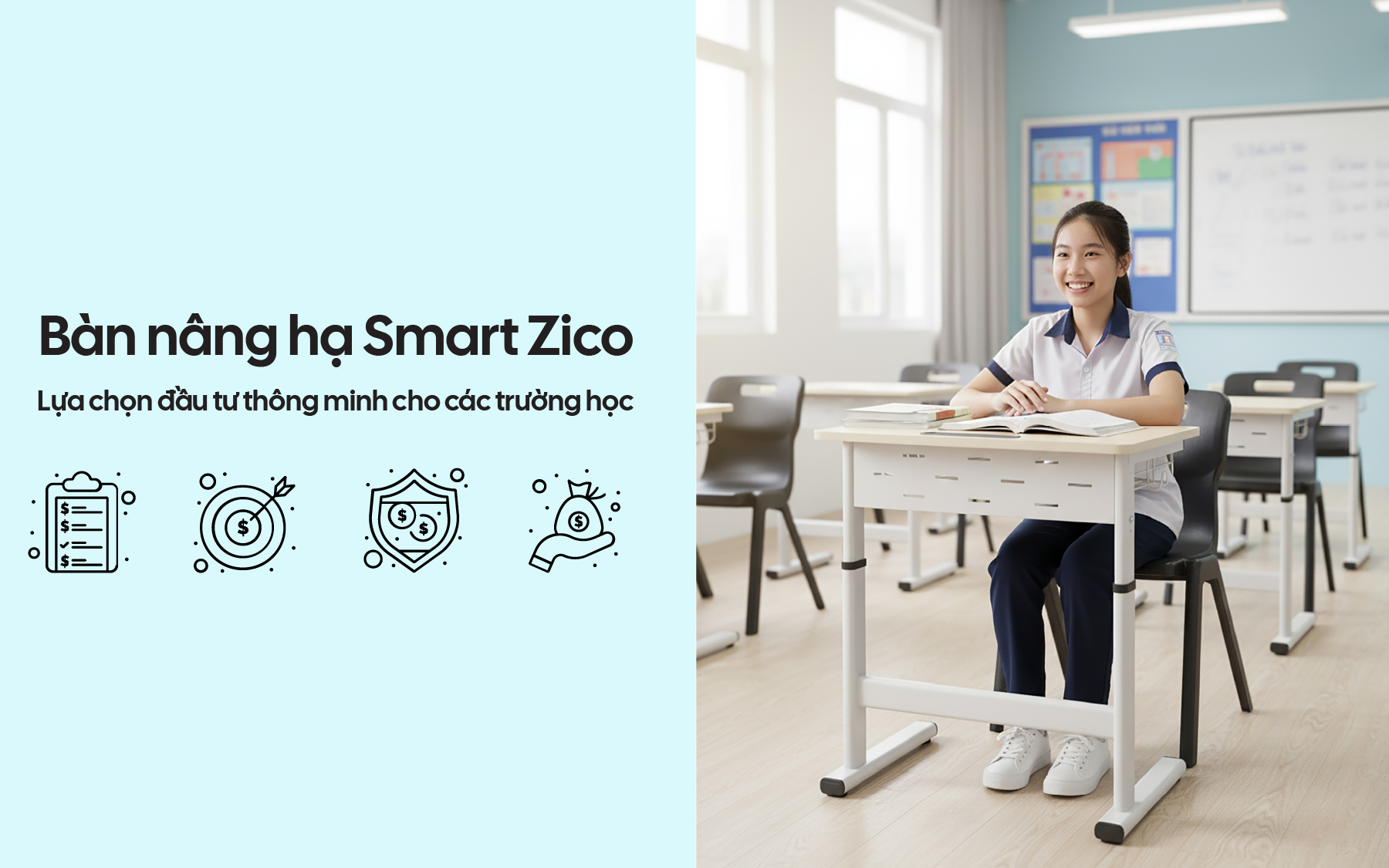 Không gian lớp học hiện đại với dãy bàn nâng hạ Smart Zico đồng bộ, thể hiện sự đầu tư chuyên nghiệp và bền vững của trường học.