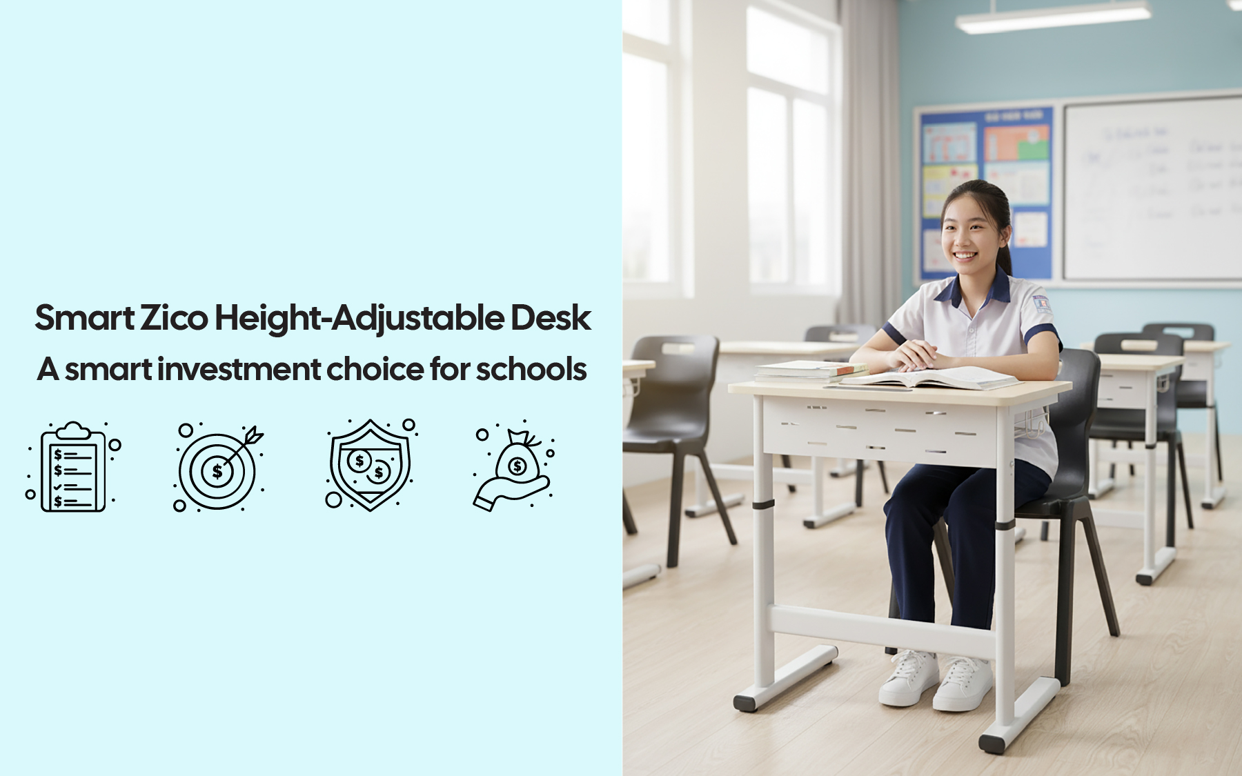 A modern classroom featuring rows of Smart Zico adjustable desks, reflecting a professional and sustainable investment in education.