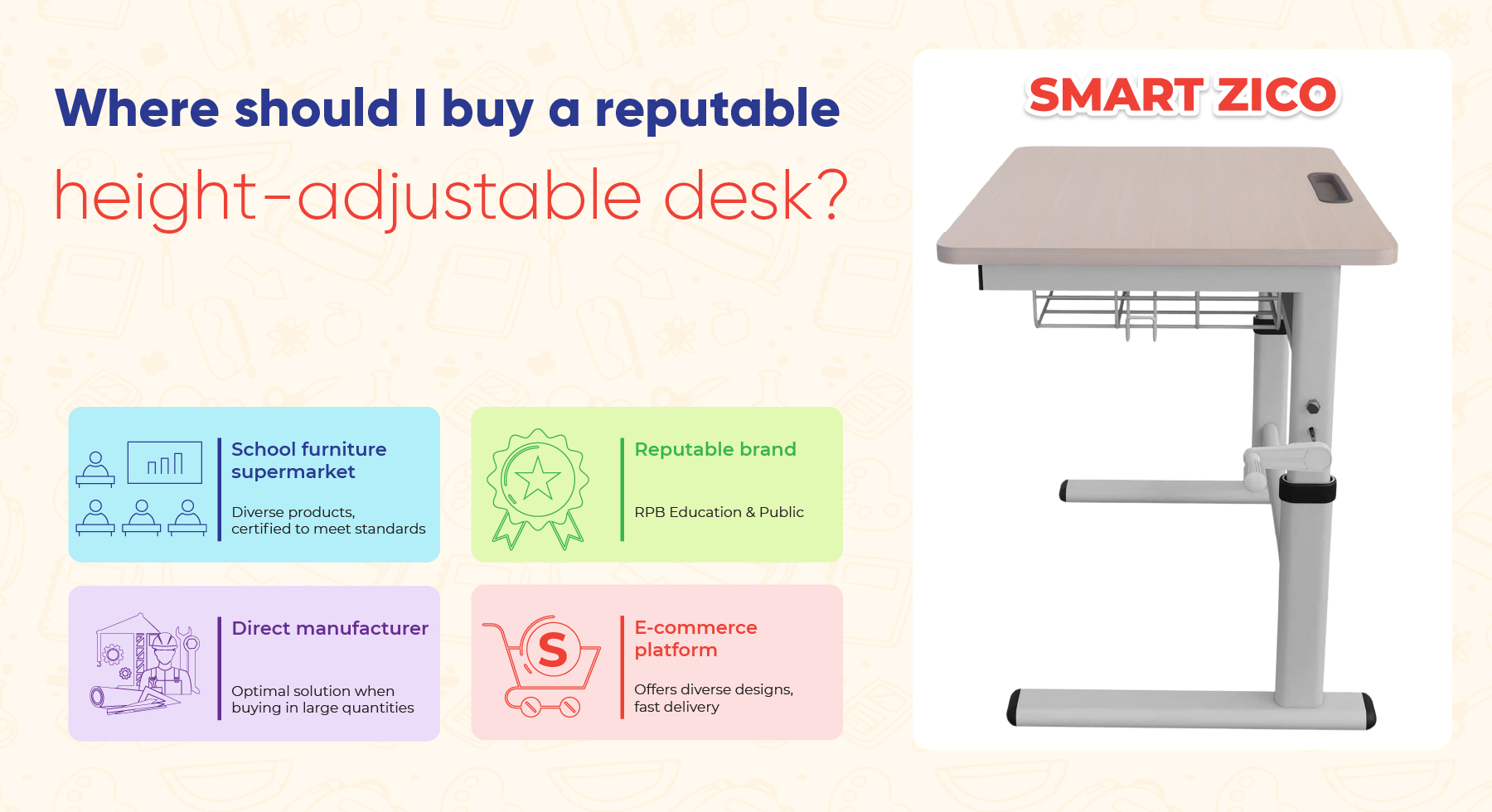 Choose the Smart Zico adjustable desk from RPB Education & Public – a trusted school furniture brand that meets safety standards and is widely used in educational institutions across the country.