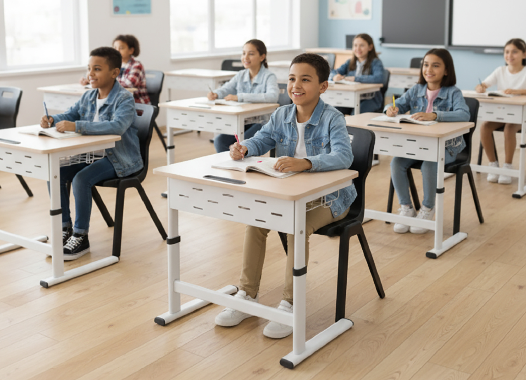 The Smart Zico adjustable desk in a modern classroom setting features a flexible design, a sturdy electrostatic powder-coated steel frame, and a durable MFC tabletop coated with Melamine, providing students with a comfortable and safe learning experience.