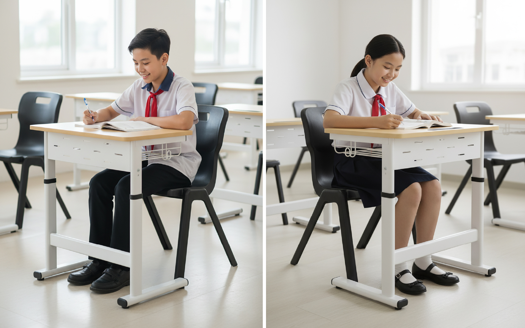 Học sinh ngồi học đúng tư thế trên bàn nâng hạ Smart Zico, lưng thẳng tự nhiên, vai thả lỏng, chân chạm đất và ánh sáng lớp học hài hòa, thể hiện sự thoải mái và tập trung trong quá trình học tập.