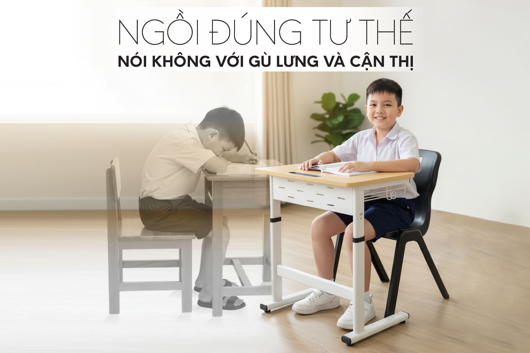 Học sinh tiểu học ngồi học đúng tư thế với bàn nâng hạ chống gù Smart Zico trong lớp học sáng sủa, lưng thẳng tự nhiên, cổ thả lỏng và khoảng cách mắt – bàn đạt chuẩn, thể hiện sự thoải mái và tập trung khi học tập.