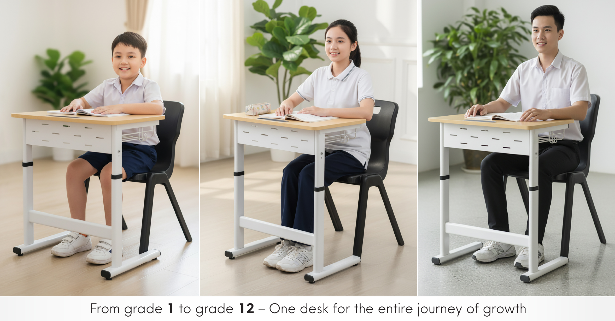 Students from grade 1 to 12 study comfortably with the Smart Zico adjustable desk, featuring ergonomic design and school safety standards.