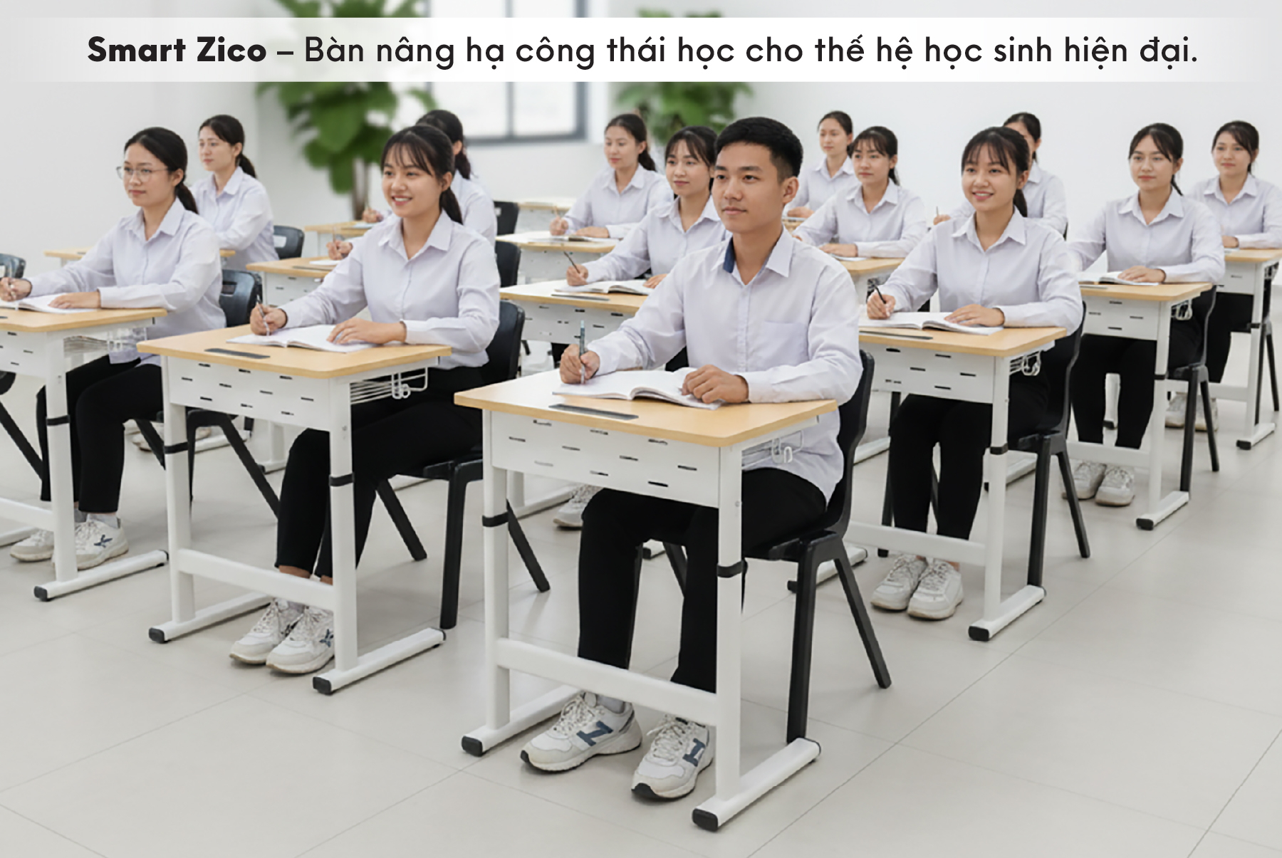 Không gian lớp học hiện đại sử dụng bàn nâng hạ Smart Zico của RPB Education & Public – thể hiện chất lượng, tính công thái học và sự đồng bộ trong thiết kế, mang đến môi trường học tập an toàn và bền vững cho học sinh.