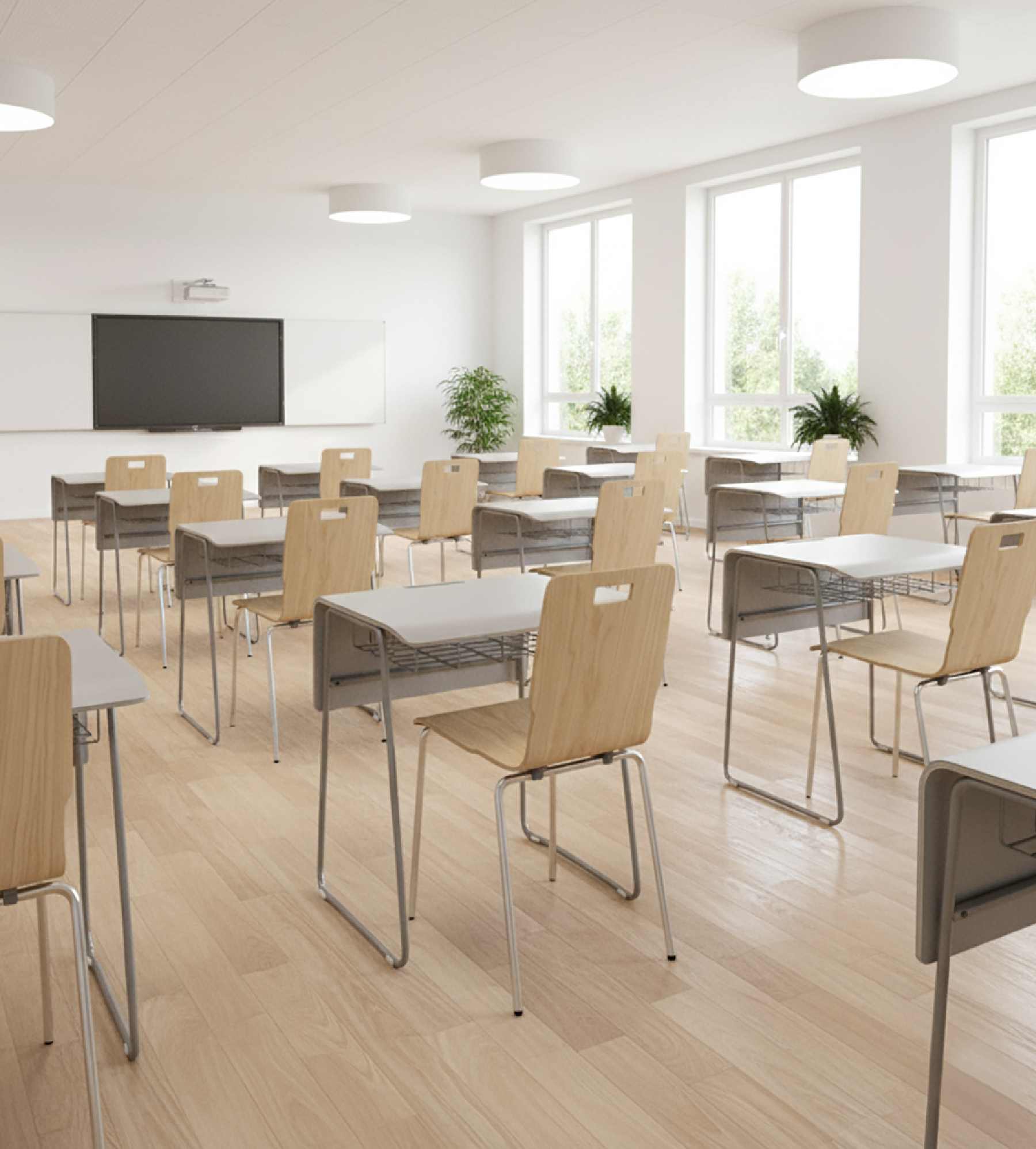 The Stacy Plywood Desk and Sun Plywood Chair – A durable, beautiful, flexible, and safe solution for any classroom space.