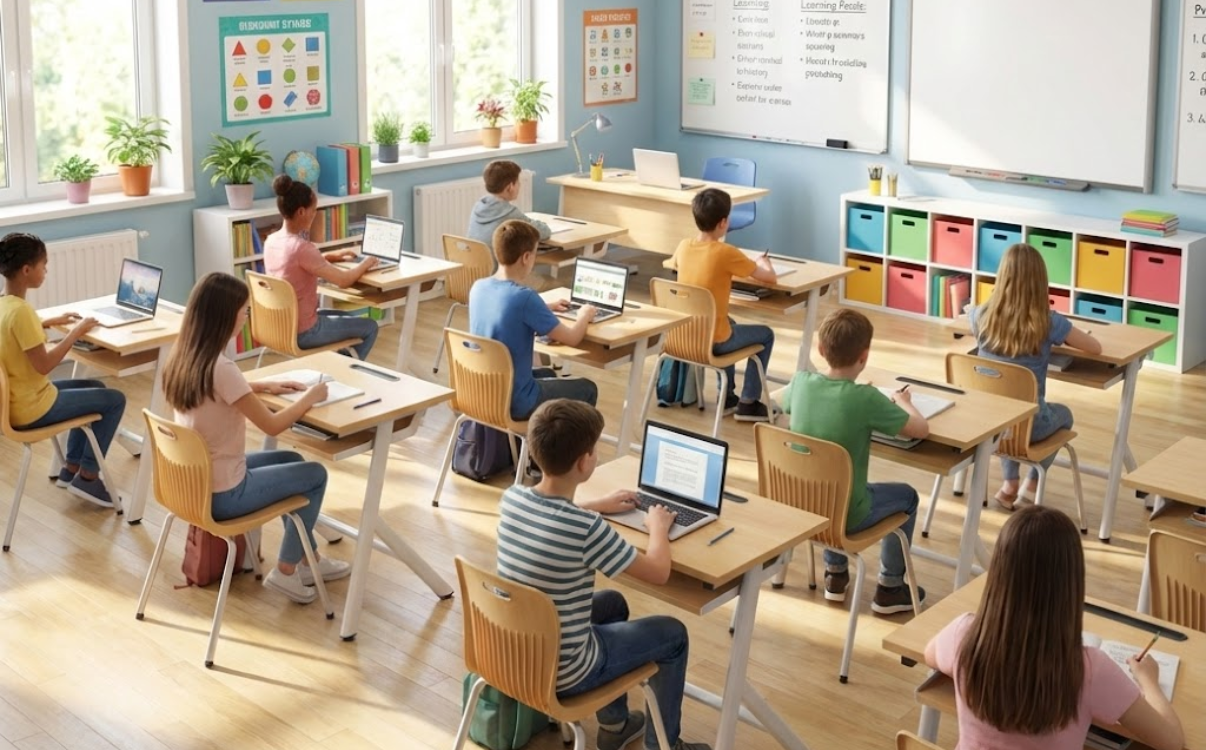 The Zuma 01 study desk model features convenient storage drawers, helping students organize their books and notebooks efficiently in a modern classroom.