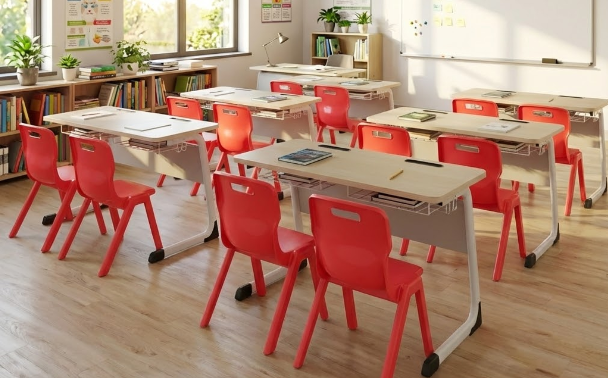 Bàn học 1m2 Eco 02 tại RPB Education & Public với khung thép sơn tĩnh điện và mặt bàn Melamine bền chắc.
