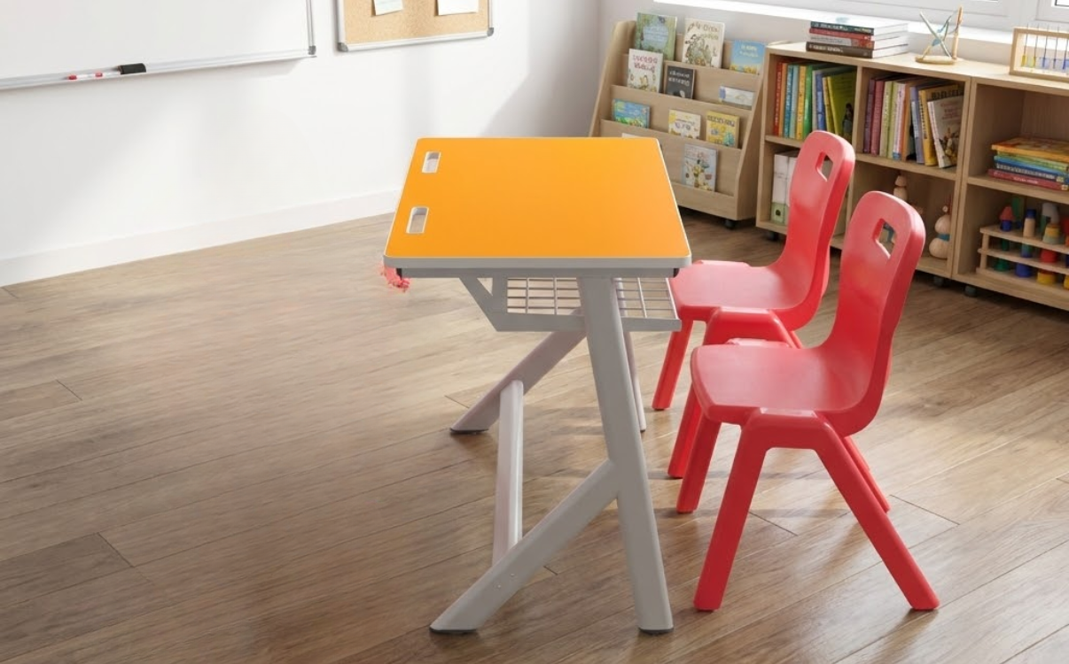 Bàn học 1m2 Zuma 02 trong lớp học tiêu chuẩn, thiết kế hiện đại và ổn định cho 2 học sinh sử dụng.