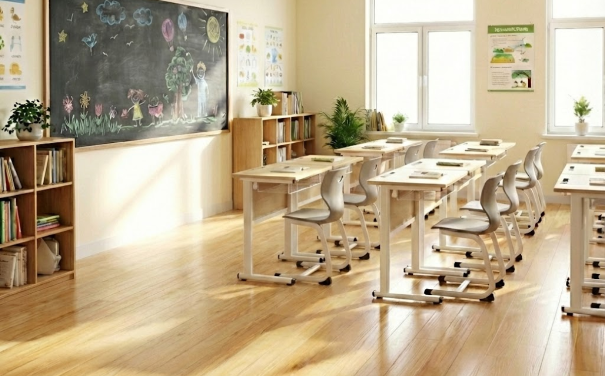 Bàn học 1m2 Zico 02 trong lớp học hiện đại, thiết kế tối giản và dễ kết hợp với ghế học sinh.