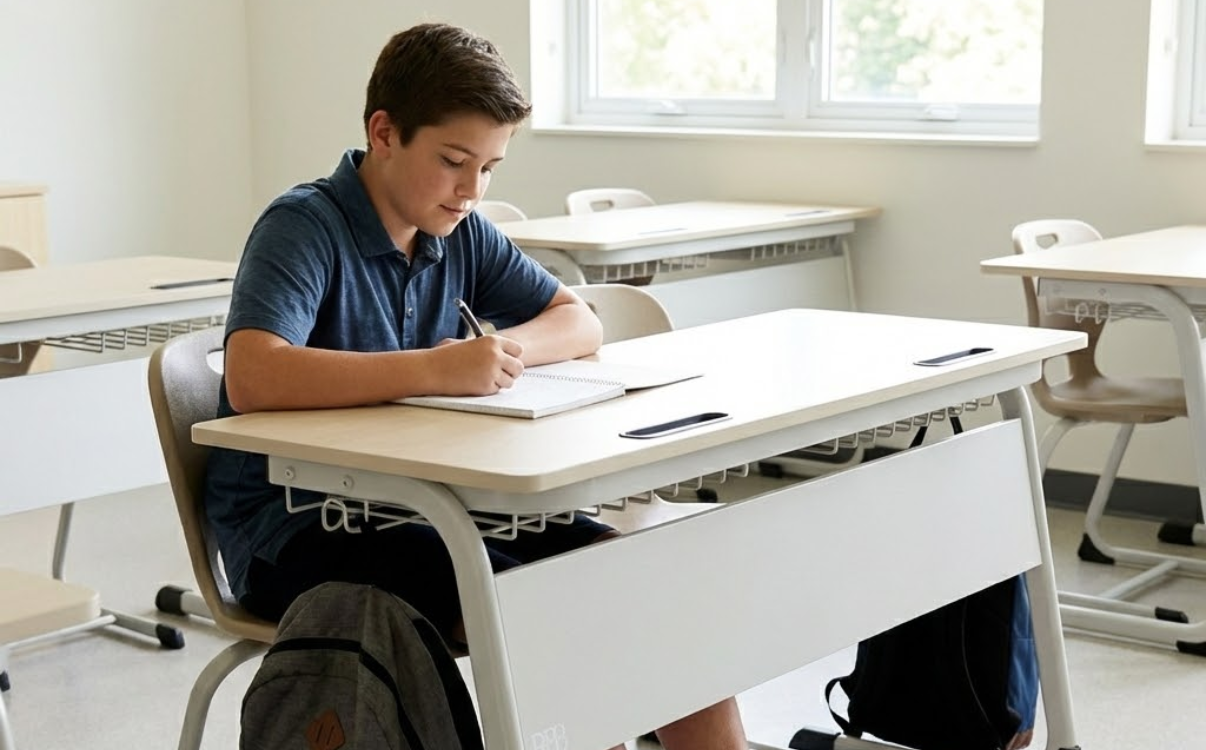 Bàn học 1m2 cho hai học sinh trong lớp học tiêu chuẩn, giúp tối ưu không gian và nâng cao sự thoải mái khi học tập.