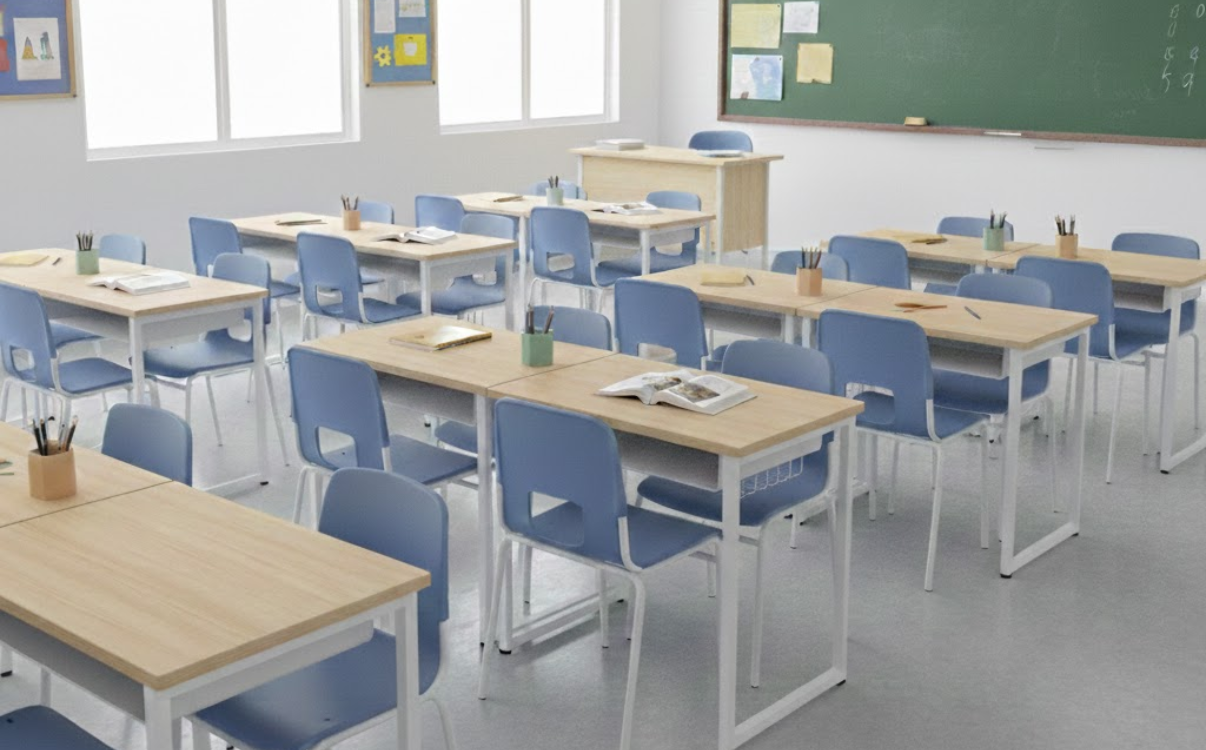 Bàn học 1m2 Tetra 02 – 4S trong lớp học hiện đại, thiết kế chắc chắn và phù hợp nhiều mô hình lớp học.