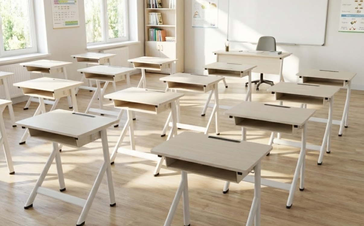 The Zuma 02 desk offers flexible arrangement options for study rooms and group classrooms, creating a tidy and interactive learning space.