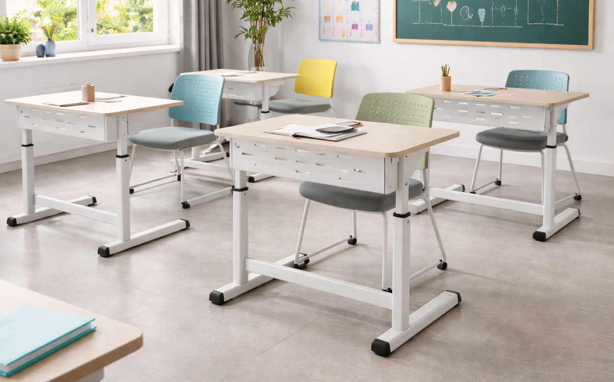 Height-adjustable desks allow for flexible height adjustment, supporting proper posture and fitting in with modern classroom designs.