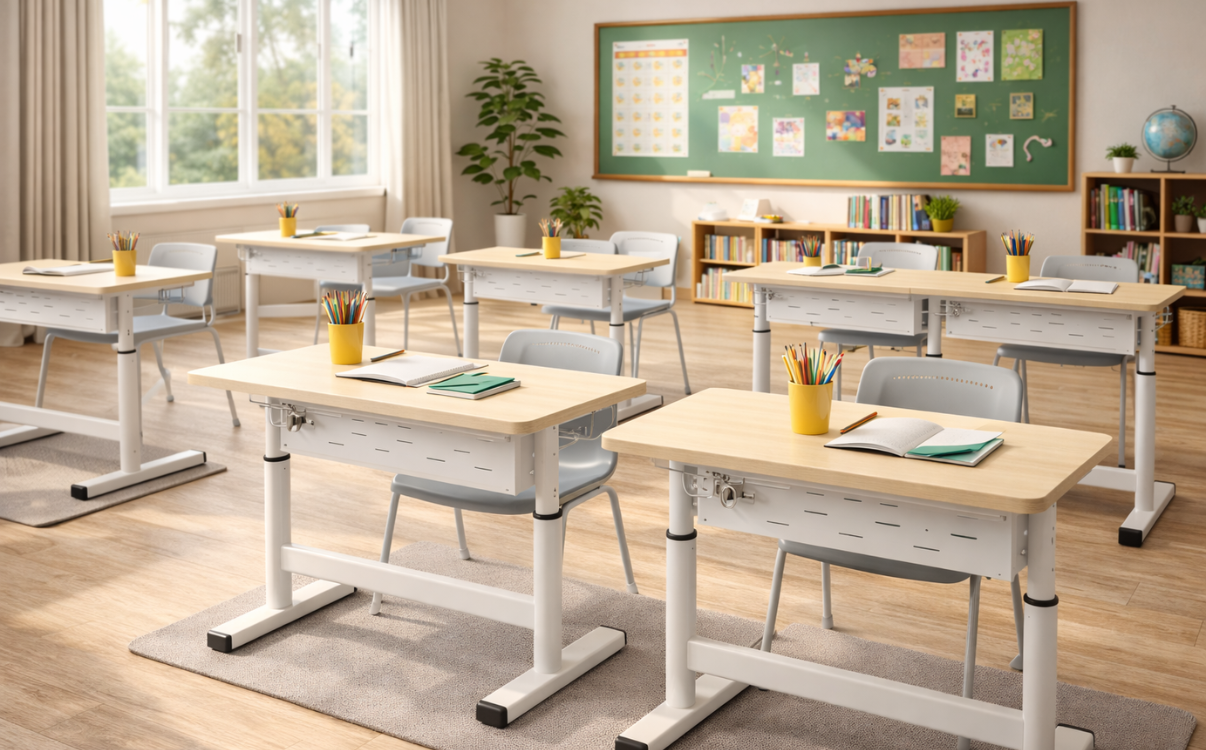 Height-adjustable desks allow for flexible height adjustment, suitable for students of various ages and body types.