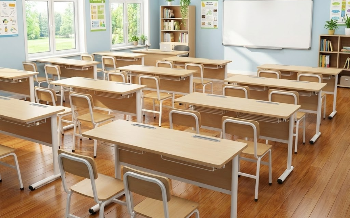 Kích thước bàn học đôi tiêu chuẩn trong lớp học, giúp tối ưu không gian và đảm bảo sự thoải mái khi học tập.