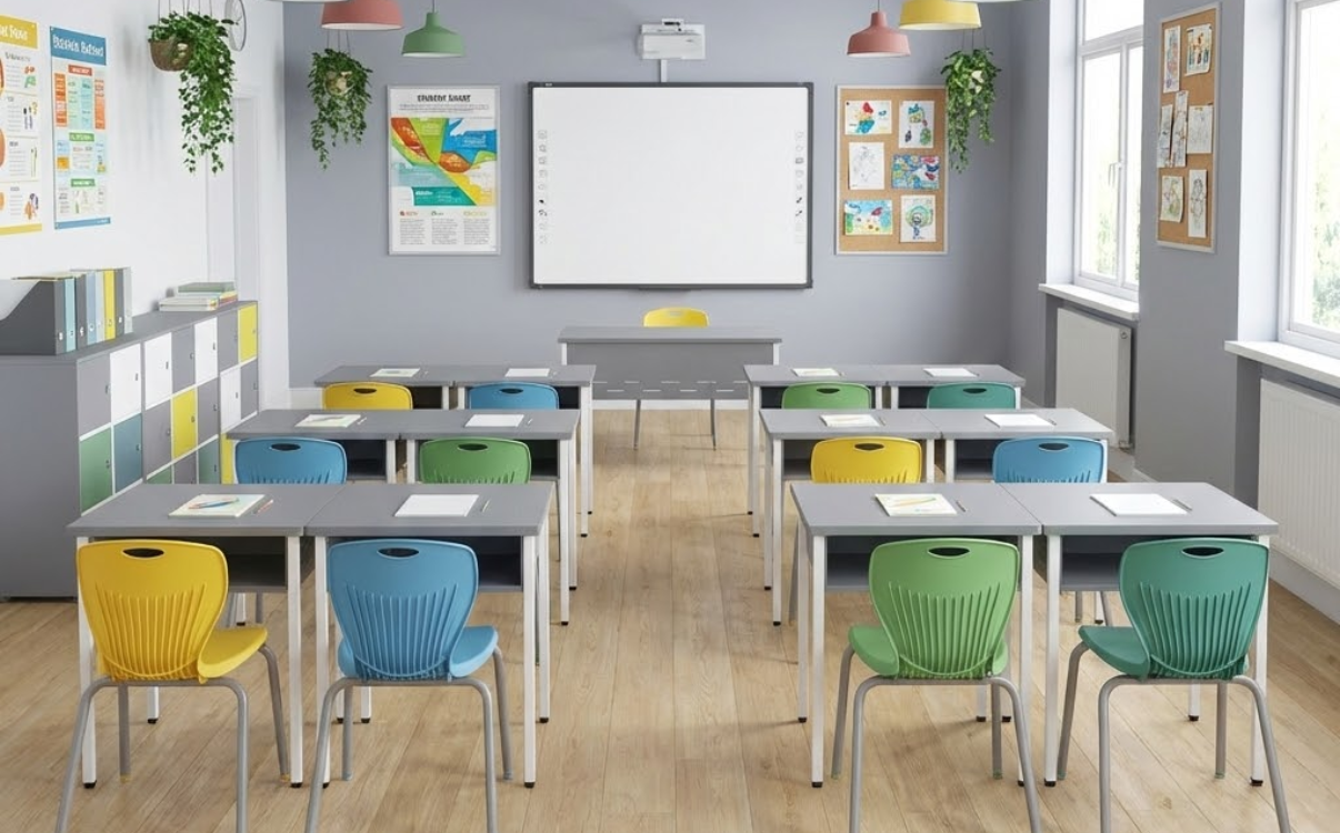  Bàn học đôi là giải pháp cân bằng giữa tối ưu sĩ số và dễ quản lý lớp học so với bàn đơn và bàn dài.