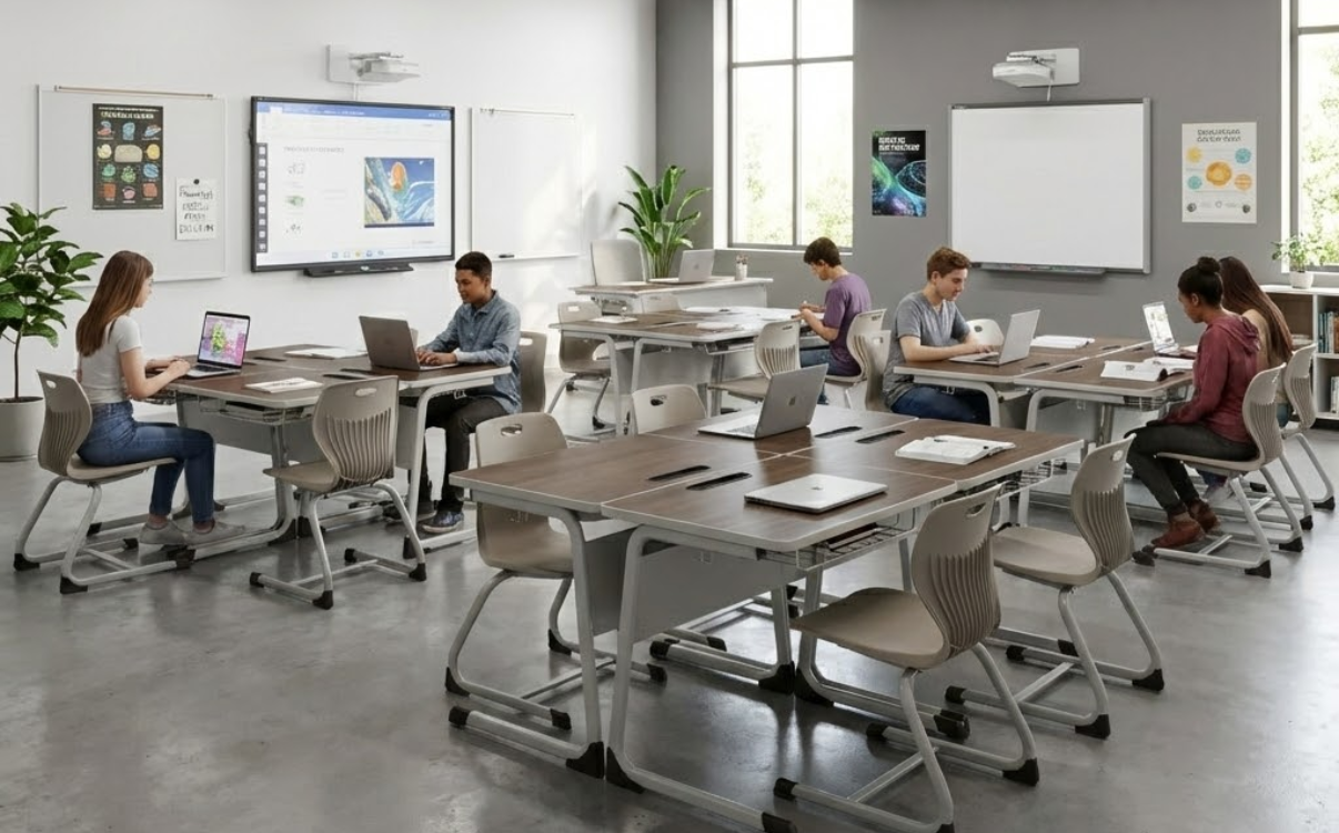 Bàn học đôi Eco 02 thiết kế hiện đại trong lớp học, giúp đồng bộ nội thất và nâng cao thẩm mỹ không gian học tập.