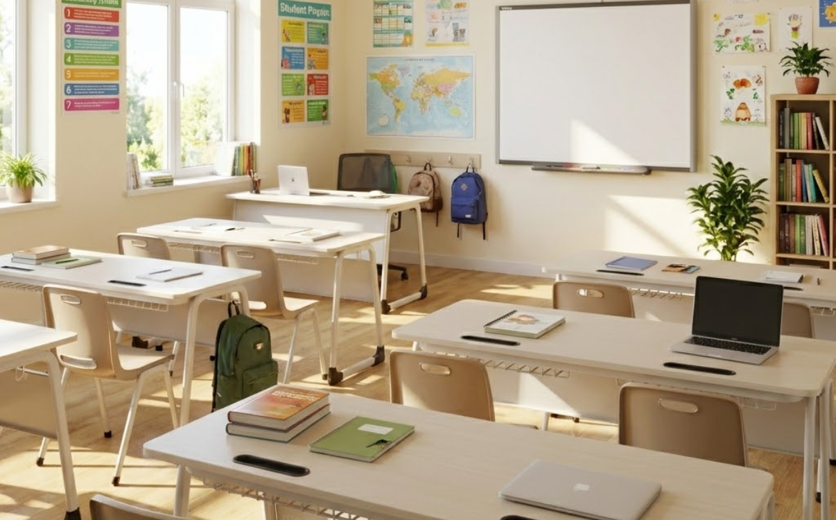 Gợi ý bố trí bàn học đôi trong lớp THCS & THPT theo hàng thẳng và theo nhóm để tối ưu không gian lớp học.