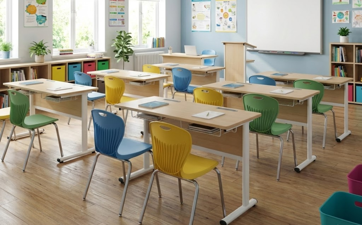 Bàn học đôi Zico 02 có hộc để đồ trong lớp học THCS, thiết kế chắc chắn và dễ vệ sinh.