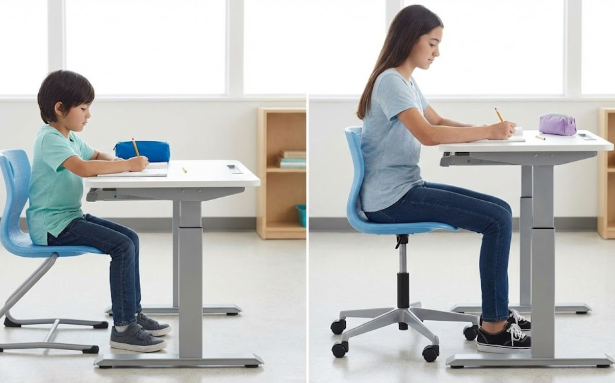 Chiều cao bàn học chuẩn công thái học giúp trẻ giữ lưng thẳng và hạn chế cúi gập người khi học.