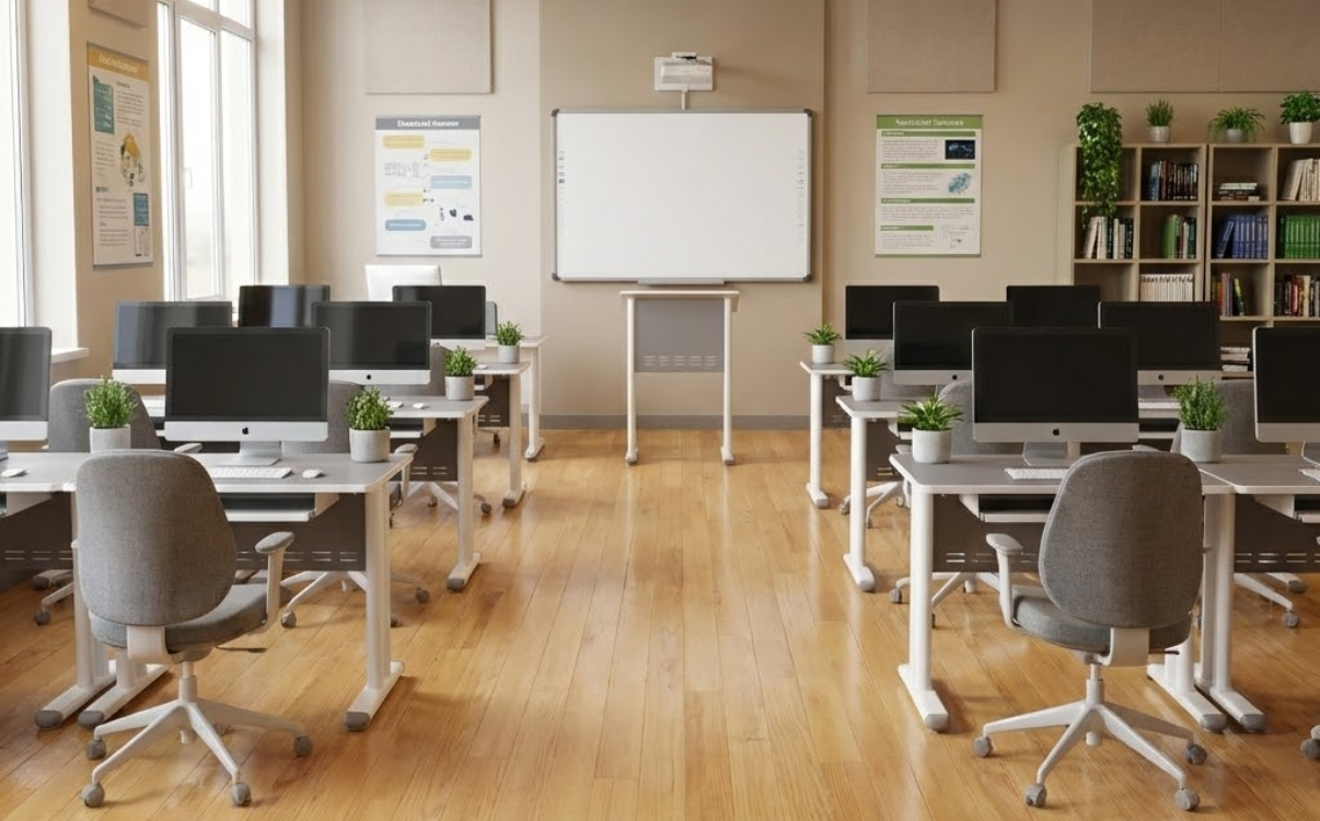 Bàn máy tính đơn cho học sinh trong phòng tin học trường học hiện đại.