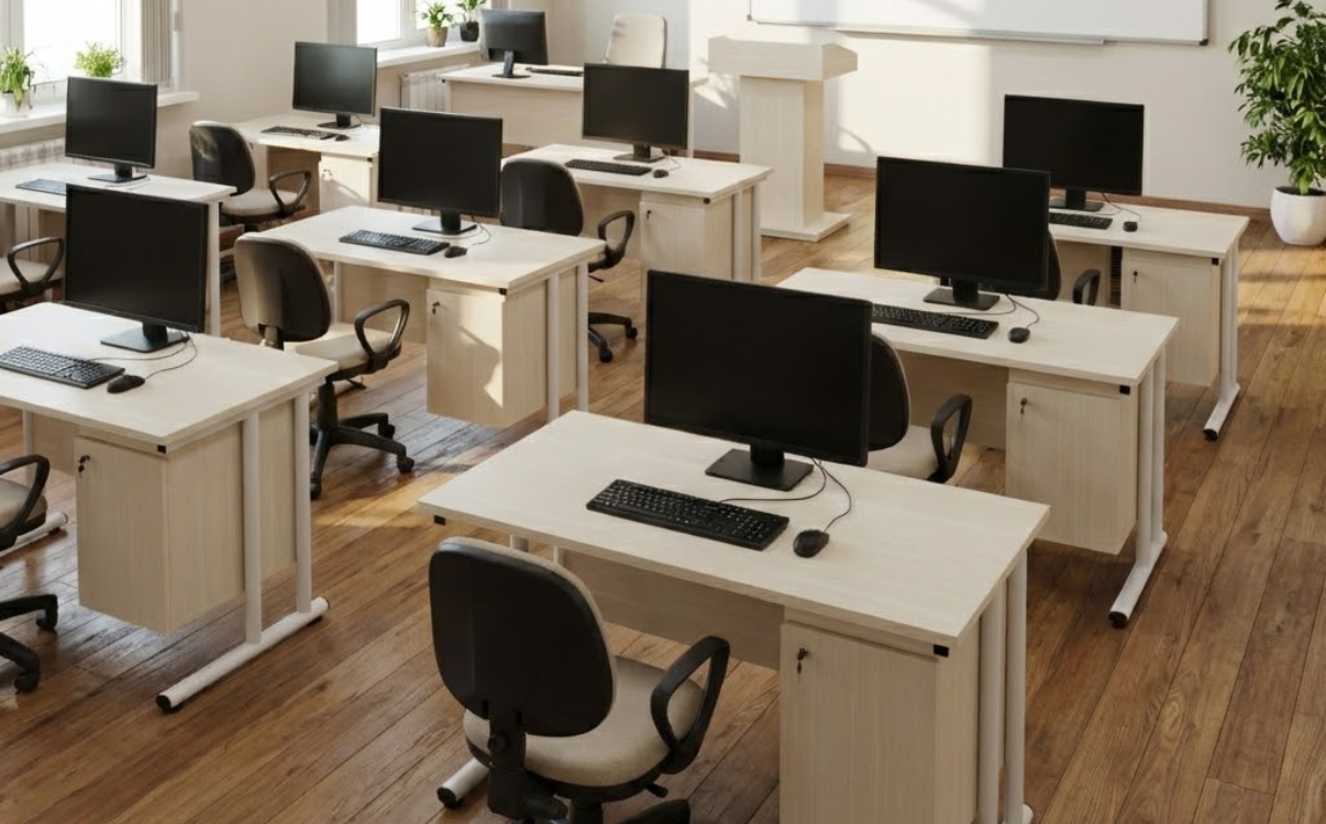 Bàn máy tính tích hợp hộc CPU trong phòng tin học trường học hiện đại.