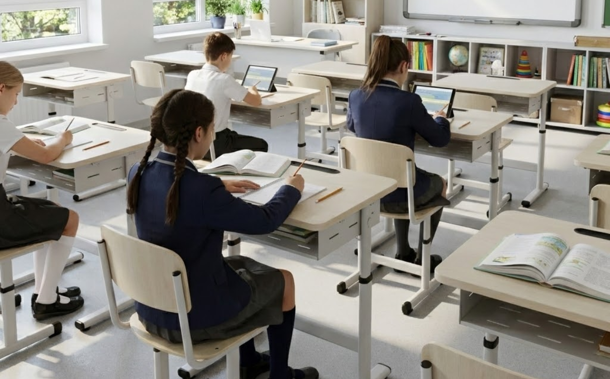 Bàn học gỗ ép được lắp đặt đúng kỹ thuật trong lớp học, đảm bảo kết cấu ổn định và an toàn cho học sinh.