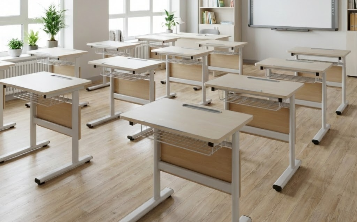 Bàn học gỗ ép được lắp đặt đúng kỹ thuật, giữ form dáng chuẩn và đảm bảo thẩm mỹ cho lớp học.